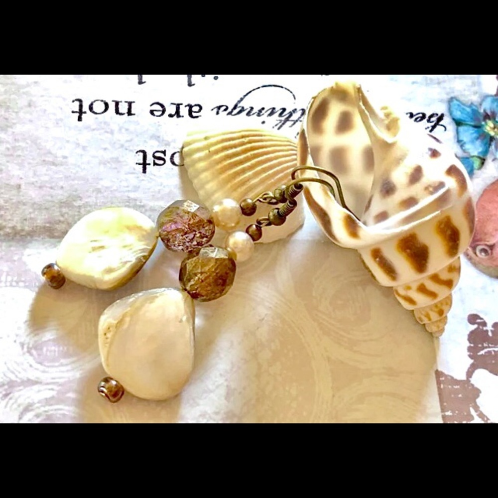 Cream White Beige Shell Bronze Luster Czech Glass Pearl Earrings Summer Beach